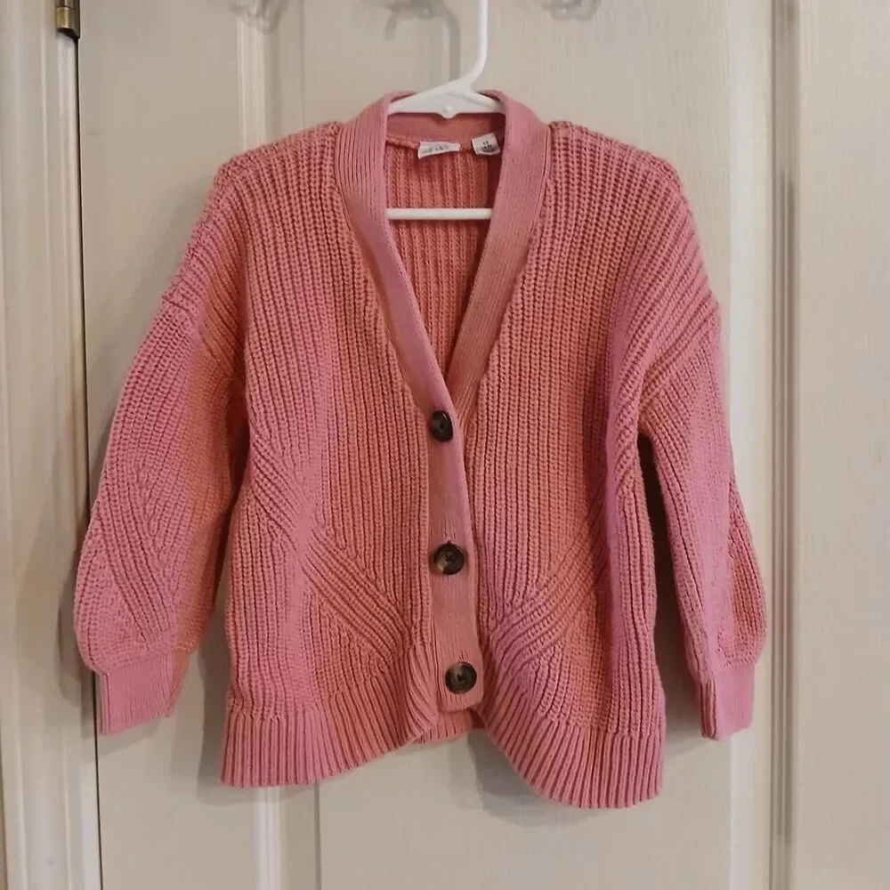Pink Gap Kids 100% cotton chunky ribbed knit 3 button cardigan girls XS 4-5